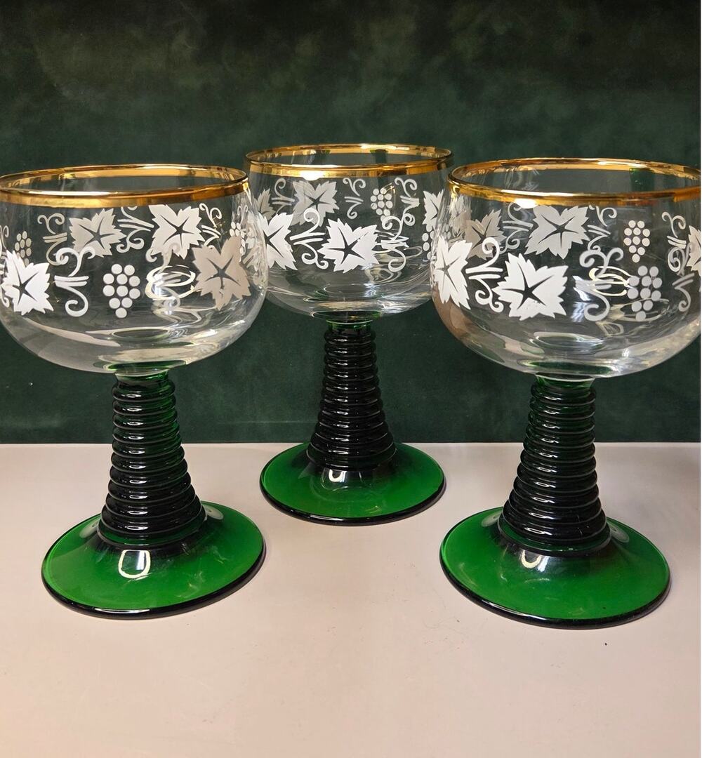 Vintage Green Stem Wine Glasses Gold Rim & Etched Grapevine Pattern Bohemian MCM